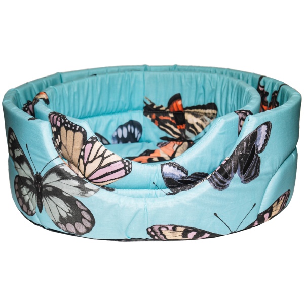 Лежанка овальная стеганая поролоновая хлопок БАБОЧКИ на голубом 52*46*20см/DONBARON