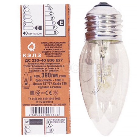 Лампа накаливания свеча КЭЛЗ ДС 230-40 В36 Е27
